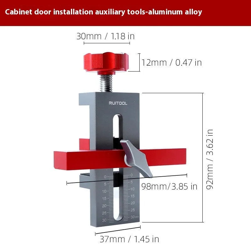 Aluminium alloy cabinet door installation jig for hinge and handle fitting.