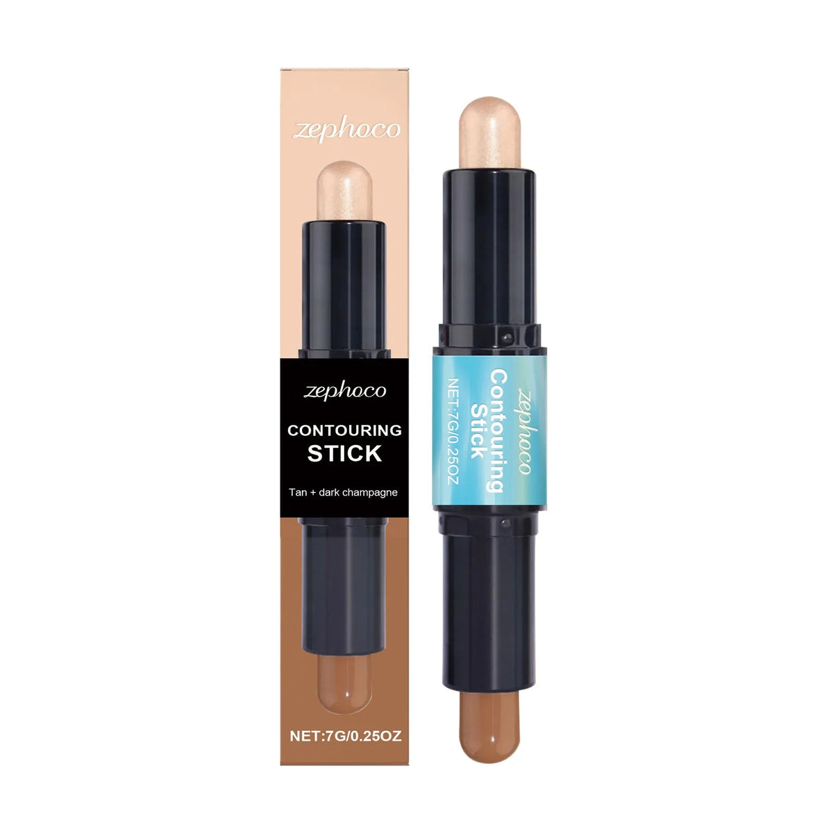 Dual-ended cream contour and highlighter makeup stick showing two shades, Tan Dark Champagne and Light Pink.