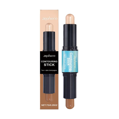 Dual-ended cream contour and highlighter makeup stick showing two shades, Tan Dark Champagne and Light Pink.