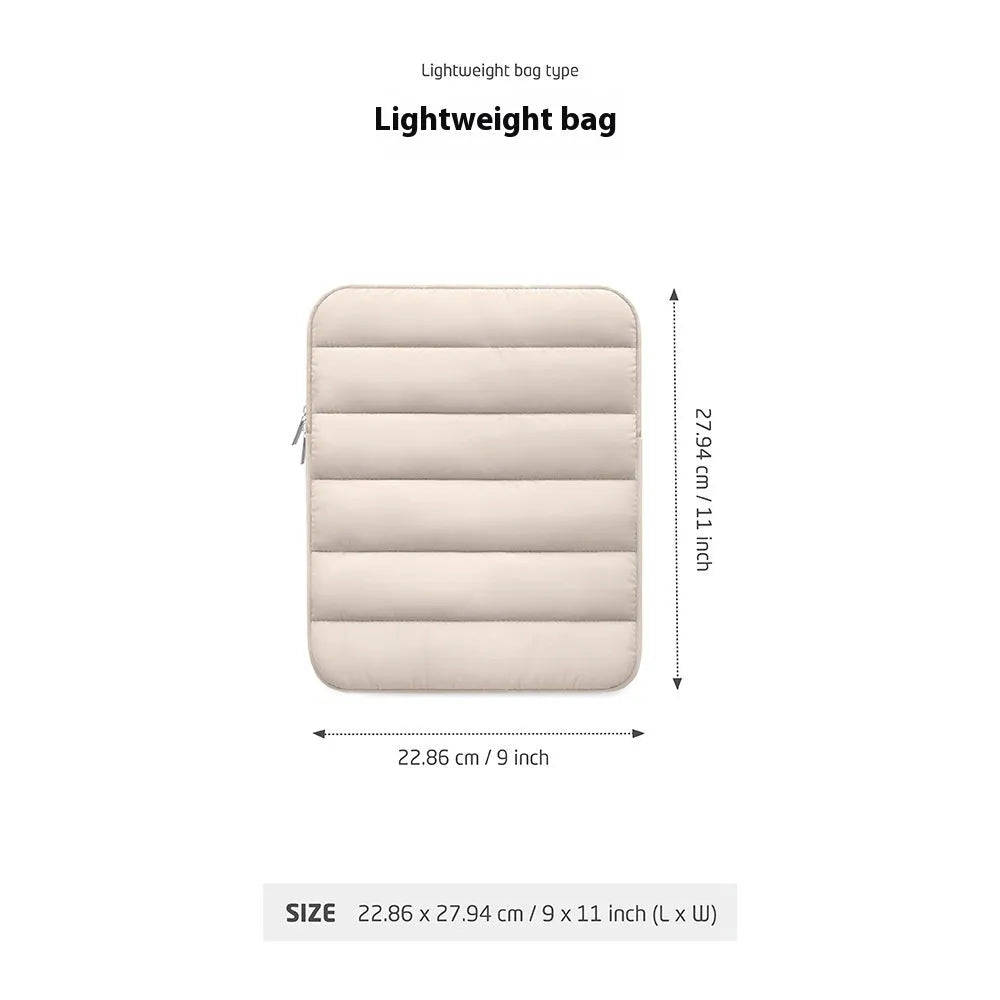 Fluffy air feeling puff bag laptop sleeve in black, shown with elastic sides stretching.