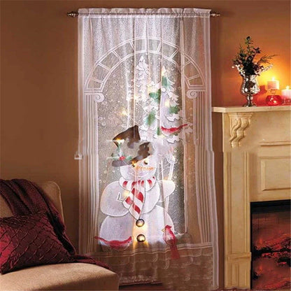 Christmas-themed blackout curtains with Santa, snowmen, and deer designs, available with or without LED lights