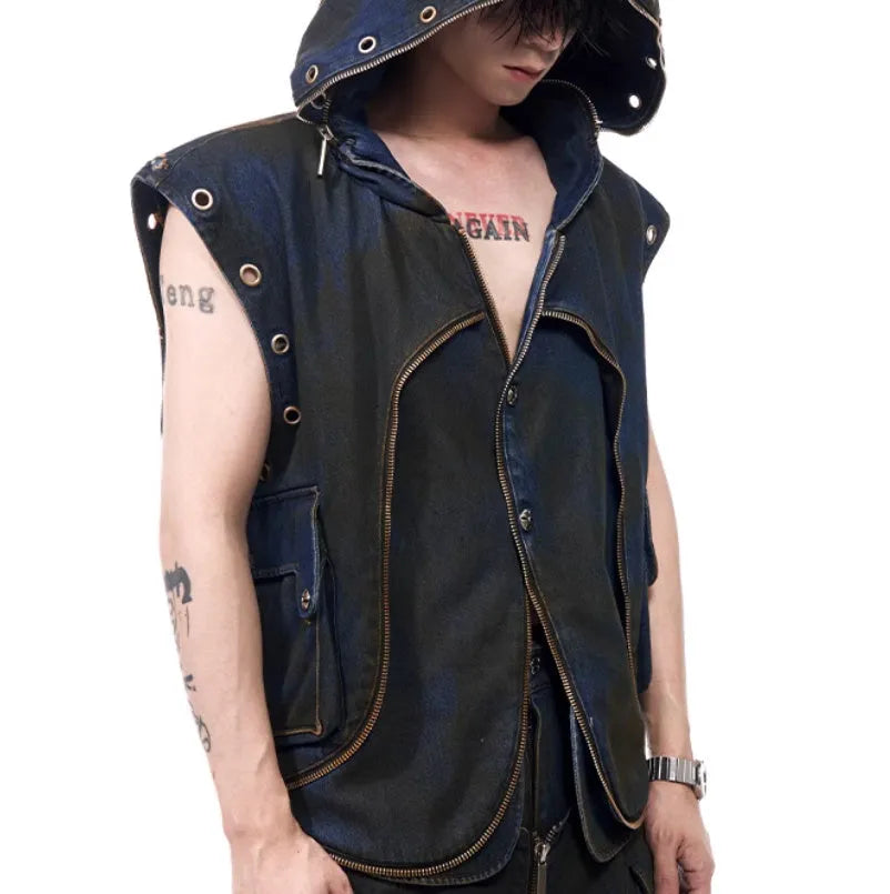 Korean style hooded denim vest coat jacket with matching blue trousers