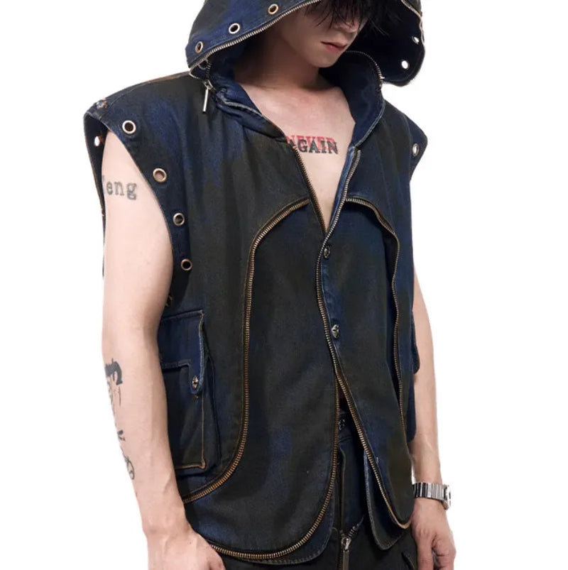 Korean style hooded denim vest coat jacket with matching trousers, zipper front closure regular length poly-cotton blend casual outfit in blue colour options, available in sizes S M L XL