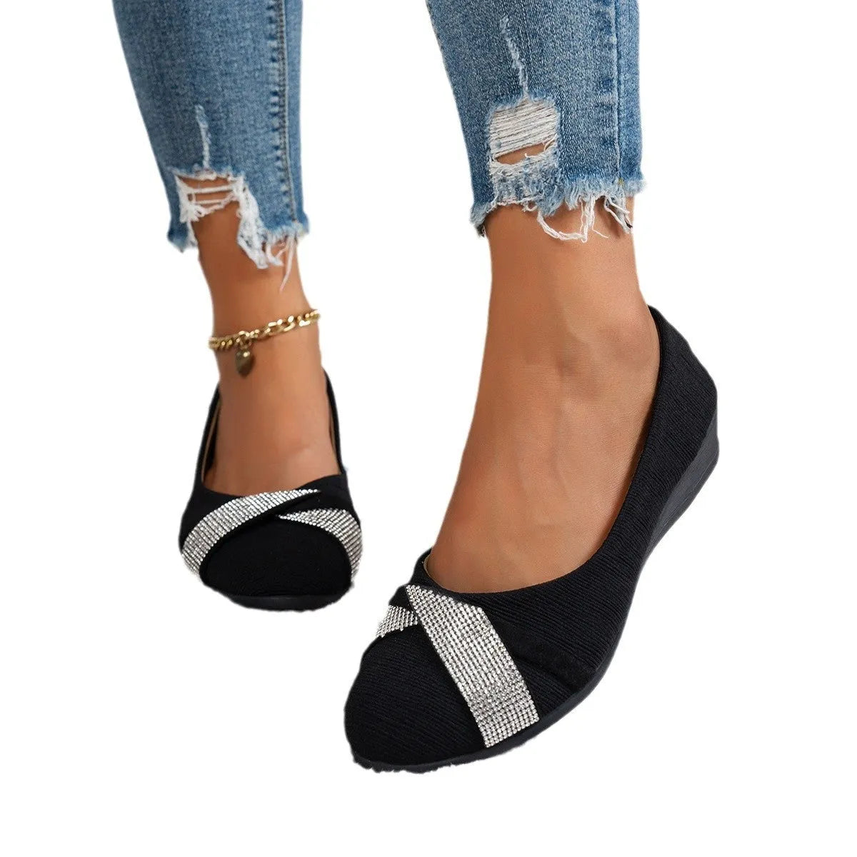 Black women's casual slip-on shoes with rhinestone details and chunky 6-8cm heels
