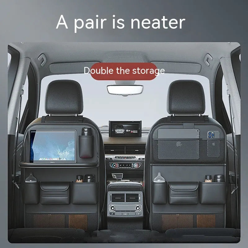 Leather car seat hanging storage bag with a fold-out dining table in black colour