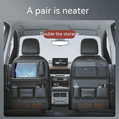 Leather car seat hanging storage bag with a fold-out dining table in black colour
