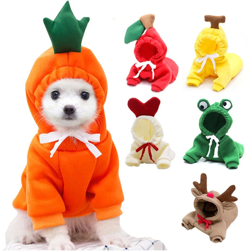 Cozy, fruit-themed dog hoodies in various sizes and styles to keep small pups warm and stylish during the winter season
