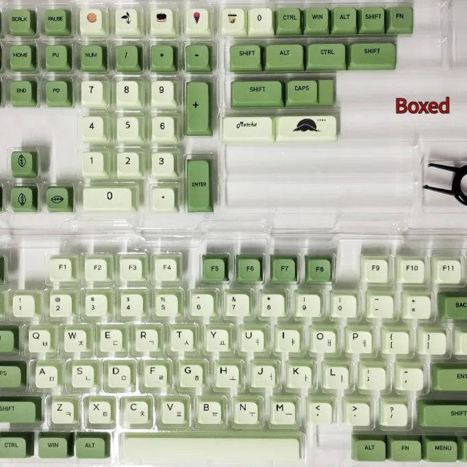 Matcha-themed PBT keycap set with 124 keys and dye-sublimated legends in multiple languages