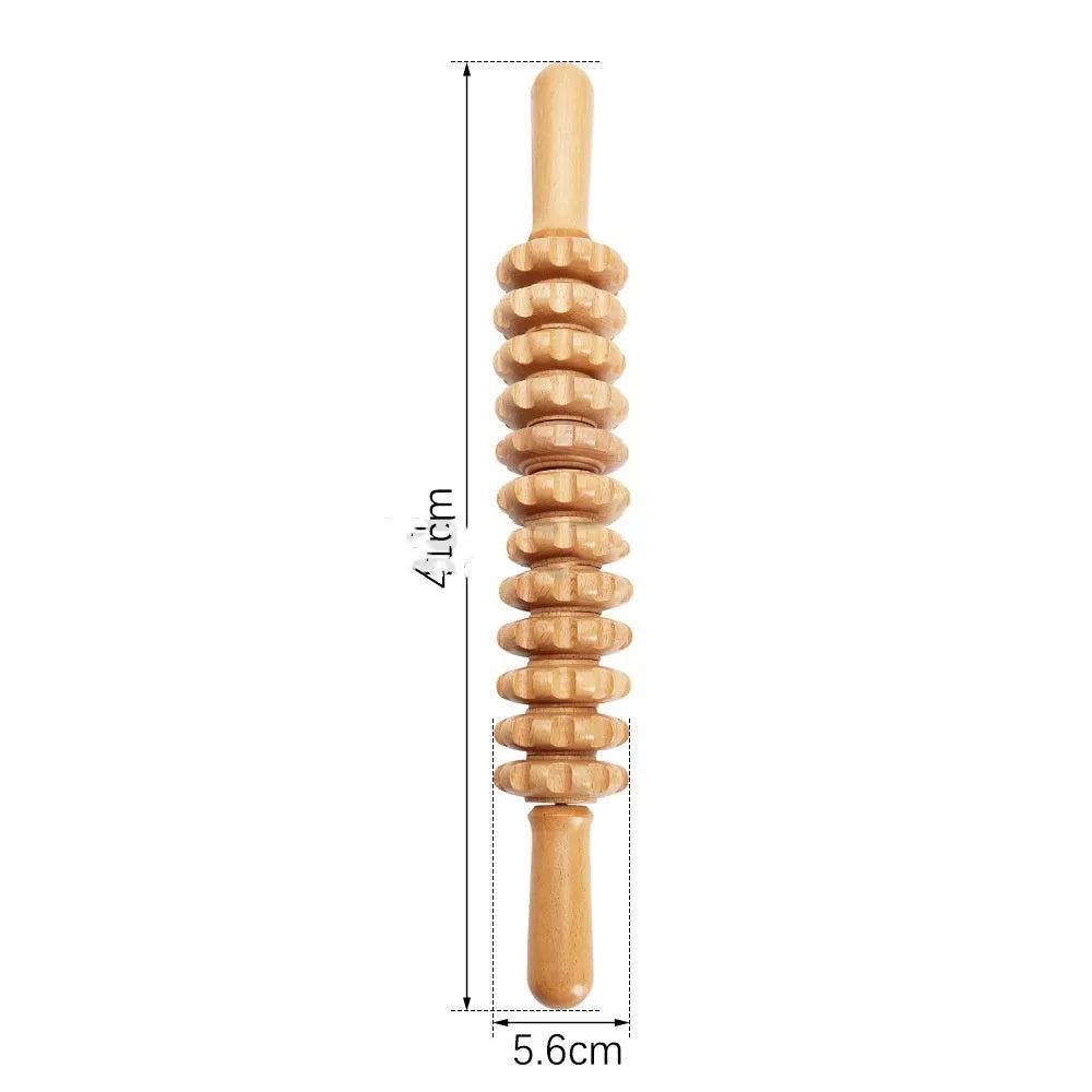 Wooden massage roller set with beechwood T-shaped roller, straight, curved and round massagers on a table.