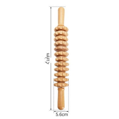 Wooden massage roller set with beechwood T-shaped roller, straight, curved and round massagers on a table.