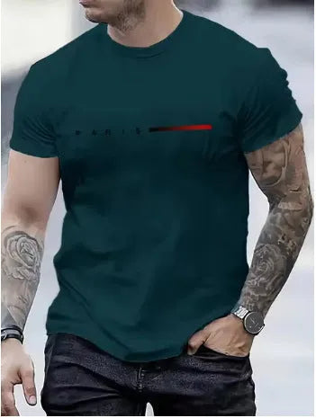 Men's slim fit 3D printed mesh top in a light colour on a hanger, showing short sleeves and patterned fabric.