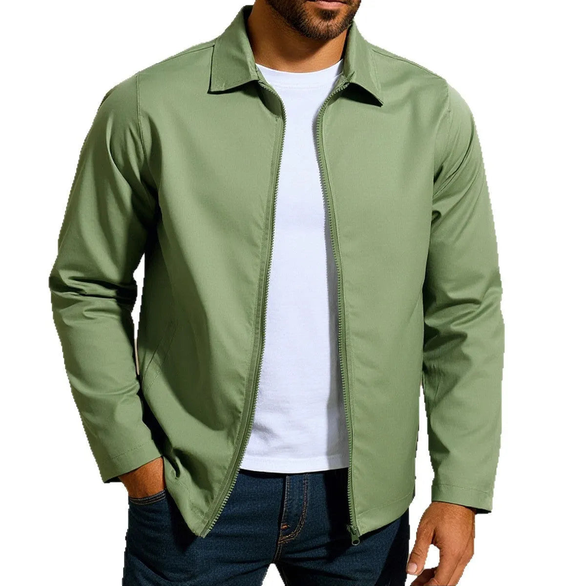 Men's green zip-up cardigan jacket with raglan sleeves on a hanger.