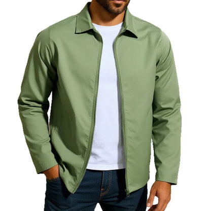 Men's green zip-up cardigan jacket with raglan sleeves on a hanger.