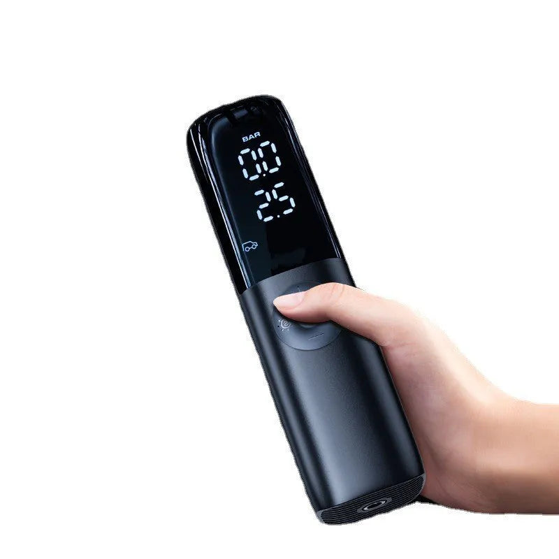Black portable electric car air pump with pressure gauge and plug-in cord