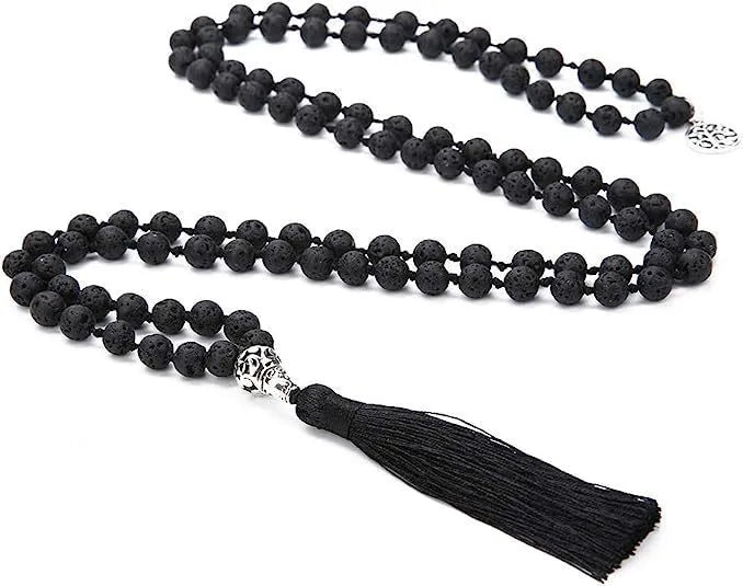 Handmade long stone beaded necklace with 108 8mm beads in a choice of 12 natural colours.