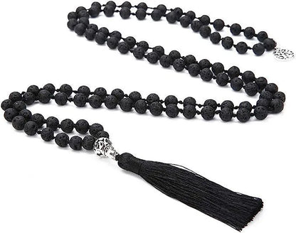 Handmade long stone beaded necklace with 108 8mm beads in a choice of 12 natural colours.