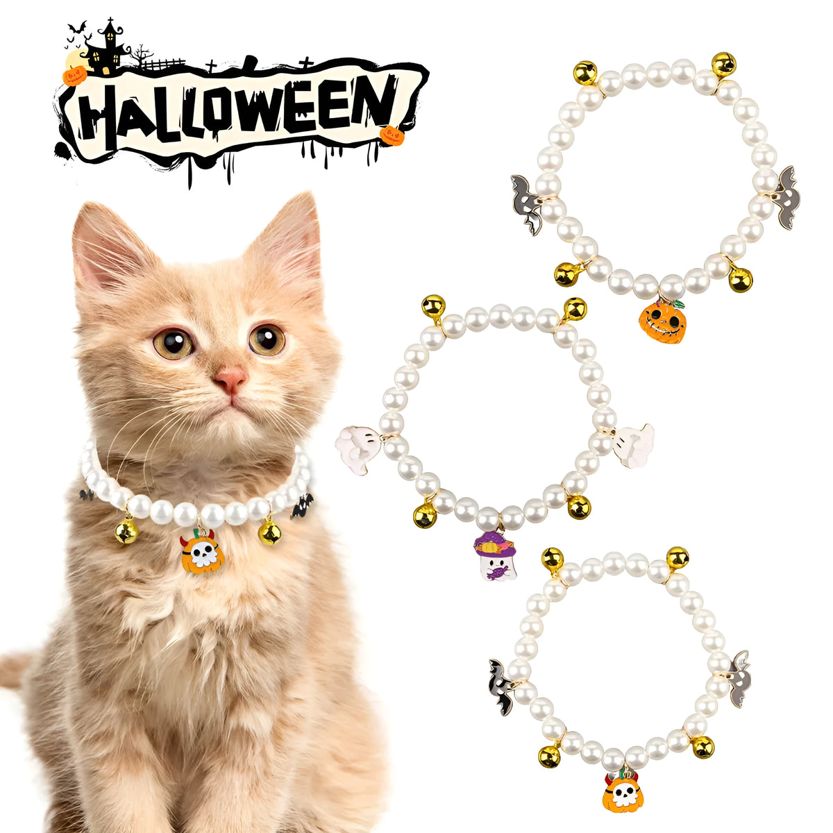 Three pearl necklaces with bells for pet Halloween costumes and decoration