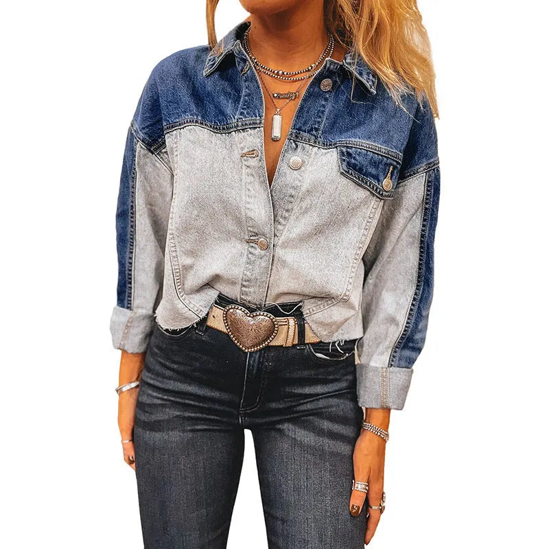 Women's loose fit denim coat with single row multi-buckle fastening in cotton fabric