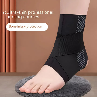 Black Lycra ankle support brace worn on an adult ankle.