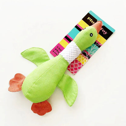 Blue duck-shaped dog plush toy with two squeakers for dental cleaning, 33 cm by 10 cm