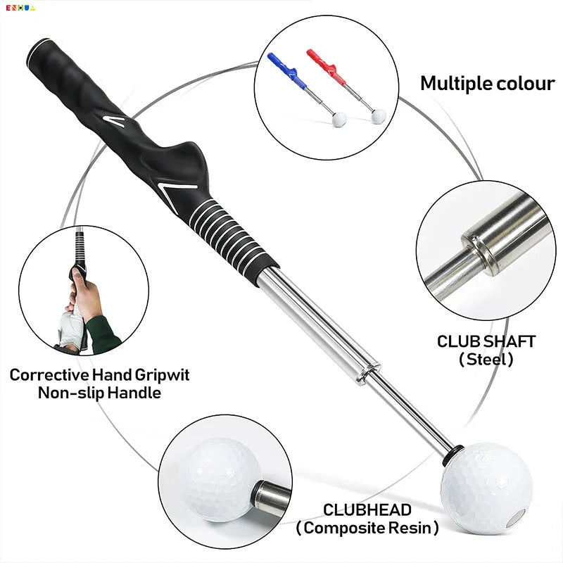 Golf telescopic swing simulator with adjustable stainless steel shaft in black, blue, or red colours for home training