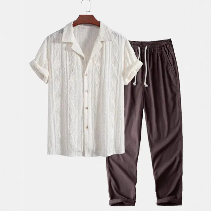 Men's camouflage print linen short-sleeved shirt and trousers set with cardigan lapel in slim-fit style