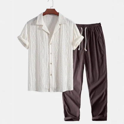 Men's camouflage print linen short-sleeved shirt and trousers set with cardigan lapel in slim-fit style