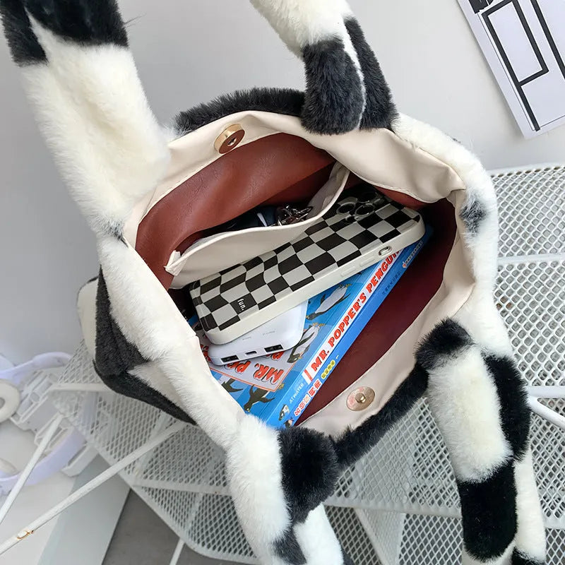 Fashion love heart womens furry fluffy bag in plush with contrast colour, underarm style, 24cm wide