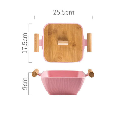 Irregular shaped porcelain ceramic bowl with lid in black, green, pink, or white colour options