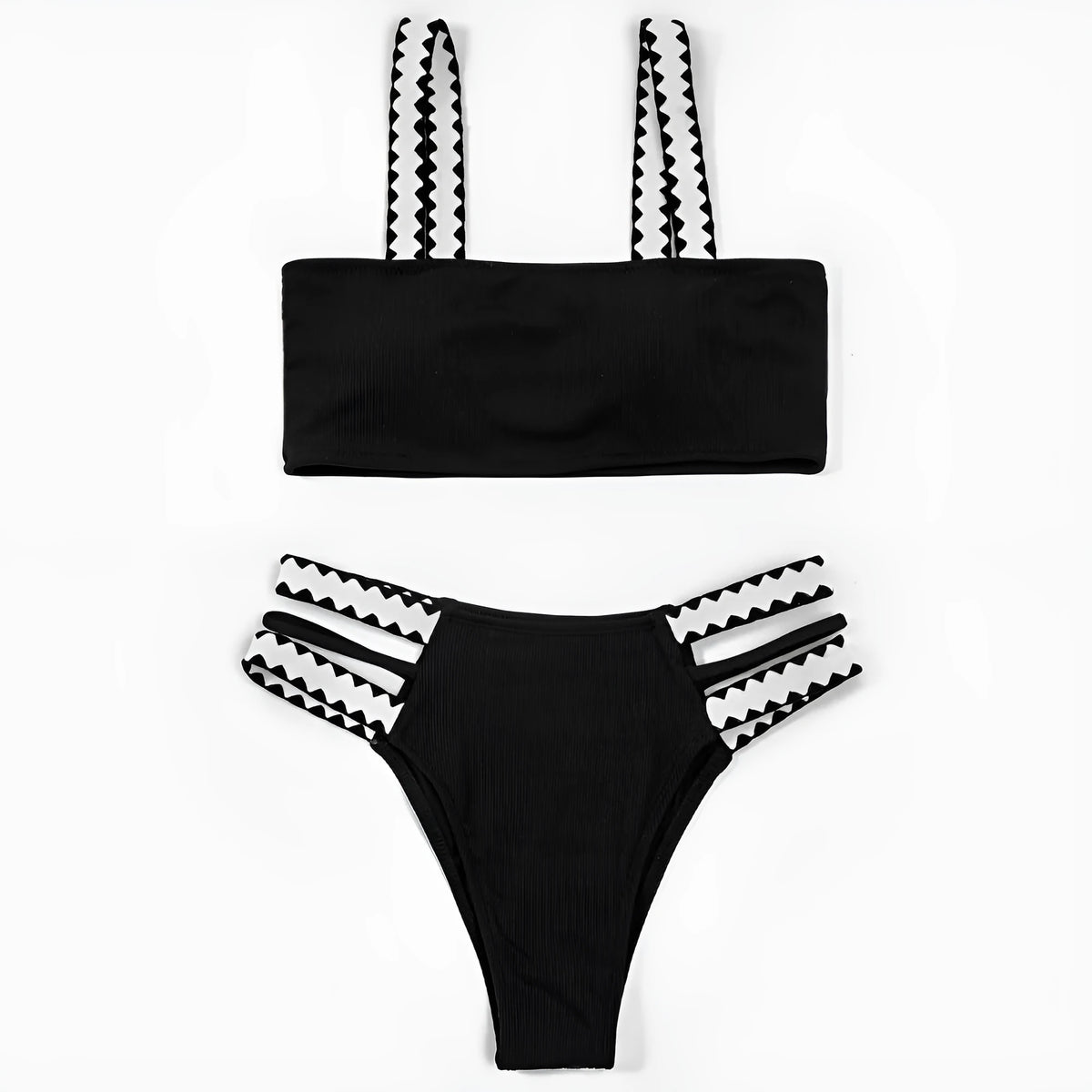 Black women's hollowed-out split swimsuit bikini set on a model.