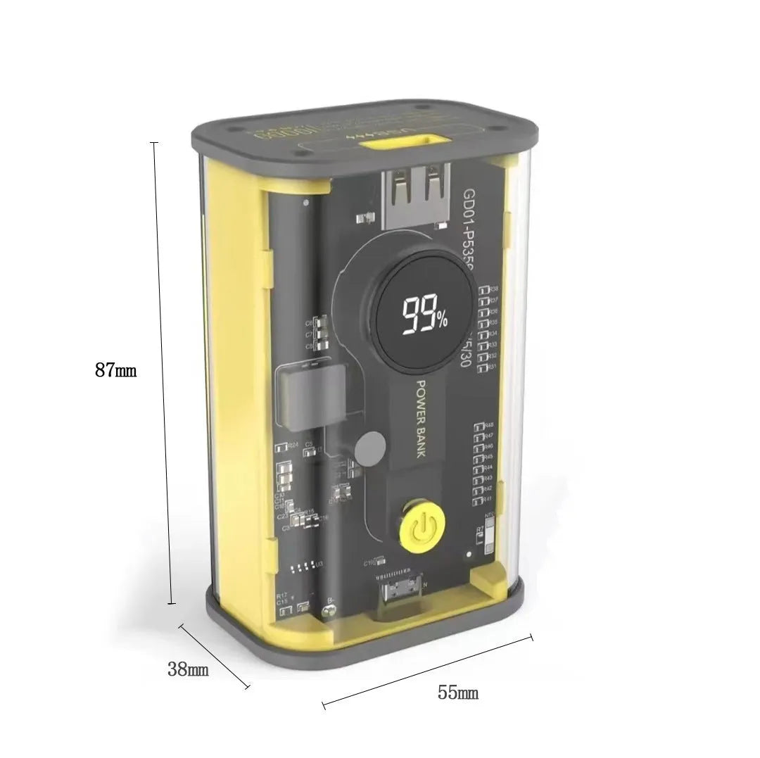 Transparent industrial power bank showing internal battery cells with 10000mAh capacity