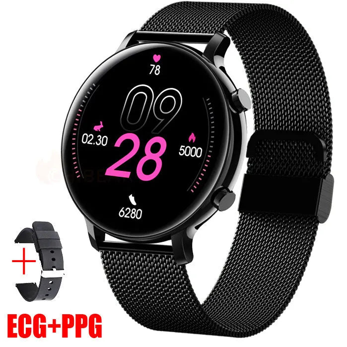 Bluetooth call smartwatch with stainless steel strap showing heart rate monitoring on screen