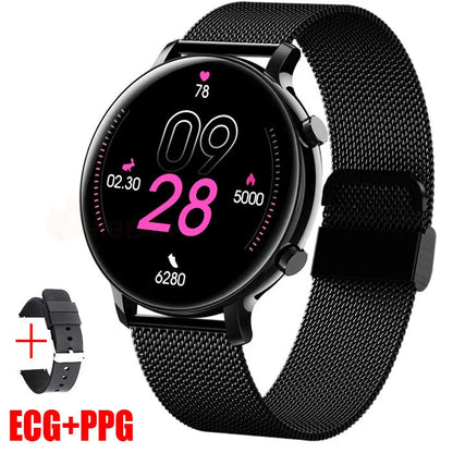 Bluetooth call smartwatch with stainless steel strap showing heart rate monitoring on screen