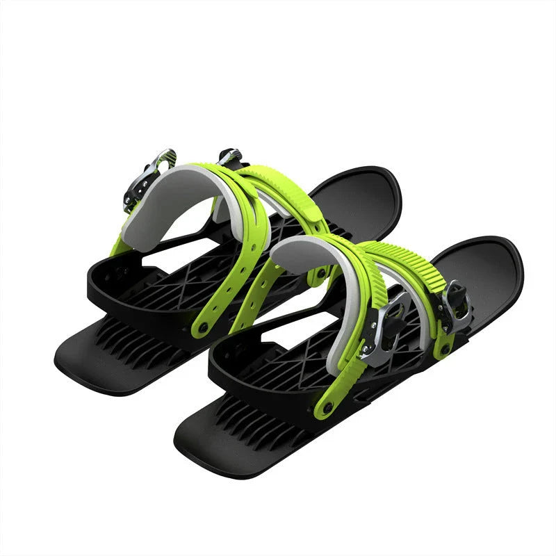 Adjustable snowshoeing mini skates with durable nylon soles, reinforced TPU laces, and customizable metal buckles for a secure fit across a wide range of shoe sizes