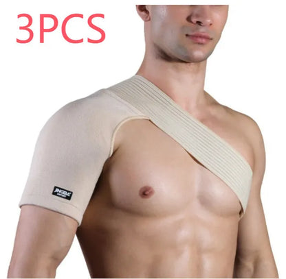 Adjustable skin-colour breathable shoulder support strap for sports like weightlifting and cycling.