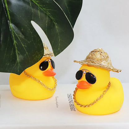 Straw Hat Yellow Duck cartoon car dashboard ornament with removable sunglasses necklace