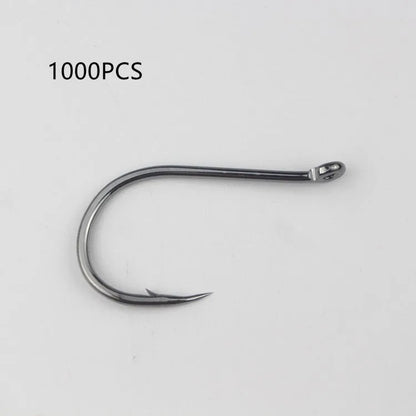 Bulk pack of barbed fishing hooks in various sizes on a blue background, showing crooked mouth and hole ring design.