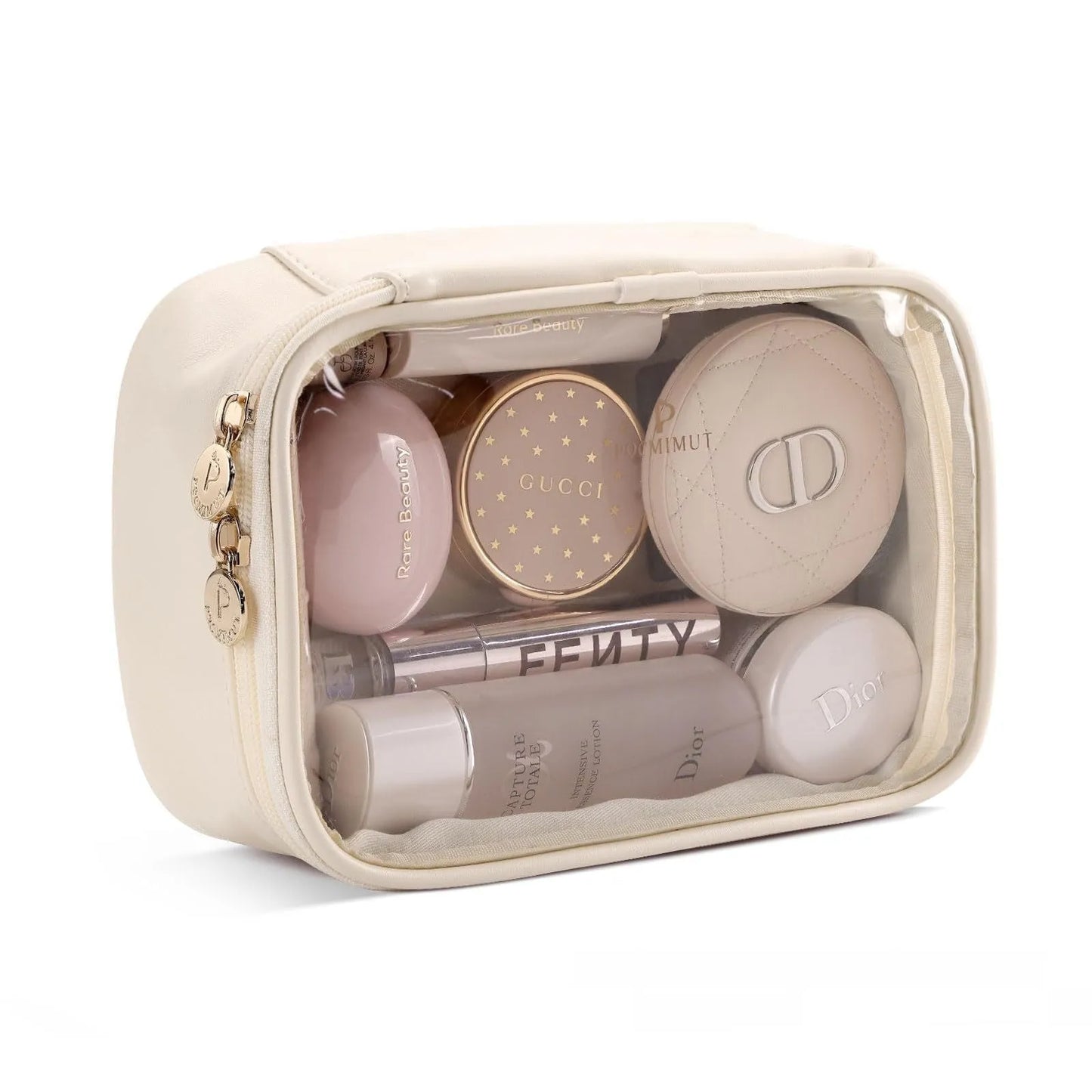 Transparent PVC leather cosmetic bag showing interior organisation with dry wet separation
