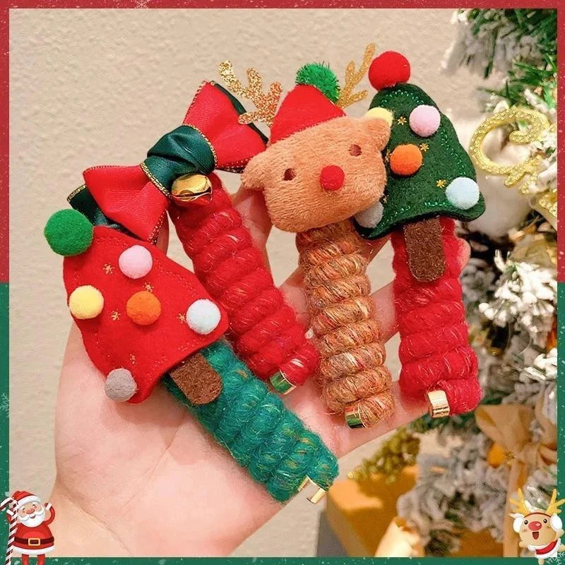 Festive Christmas-themed hair ties with cute designs like bells, trees, and reindeer for kids