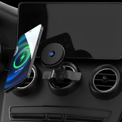 Silver aluminium alloy wireless car charger with magnetic air vent mounting bracket