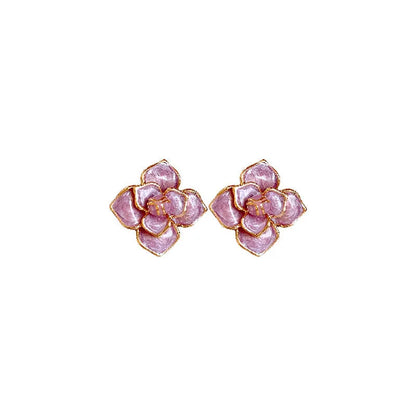 Gold plated purple floral stud earrings with oil-spot glaze on copper