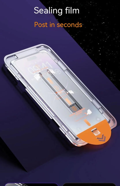 Dust-free warehouse tempered glass screen protector for iPhone showing frosted finish and second sticker box.