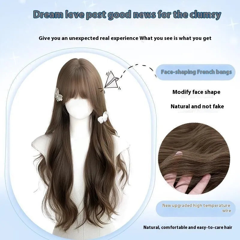 Hazelnut grey brown long curly synthetic wig with care kit on a stand