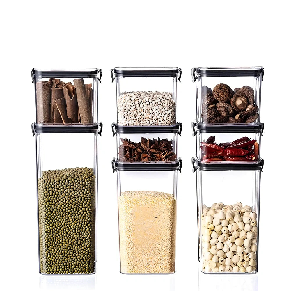 Transparent 8-piece airtight plastic grain containers set, BPA-free PET with TPR lids, sizes 0.7L to 1.8L, total 1.85kg for kitchen storage