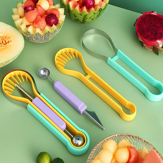 Stackable fruit tool set showing melon baller, V-shaped carver, and dual scoops in 24cm compact design