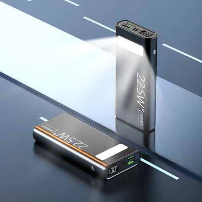Alloy shell power bank in black, blue, green, or red colours showing LCD display and LED flashlight