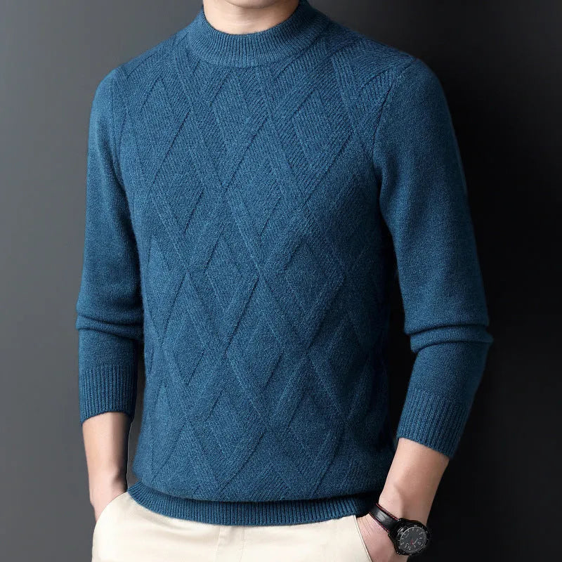 Men's thick winter pullover sweater with diamond jacquard pattern in a light camel colour.