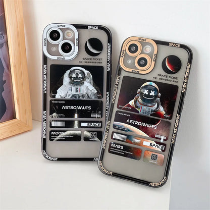 Blue and black space astronaut graffiti design on a silicone iPhone case for iPhone 13.