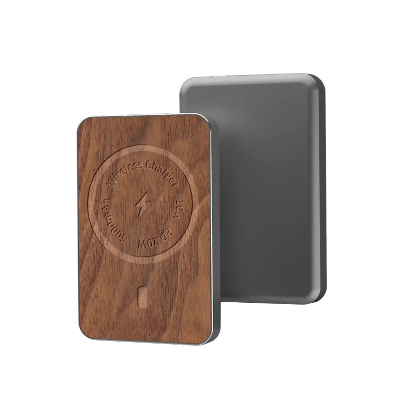 Wireless charging bank mobile power supply with magnetic suction, 5000mAh polymer lithium-ion battery capacity in a khaki square aluminium alloy case measuring 102 x 63 x 12mm with universal compatibility and USB charging option