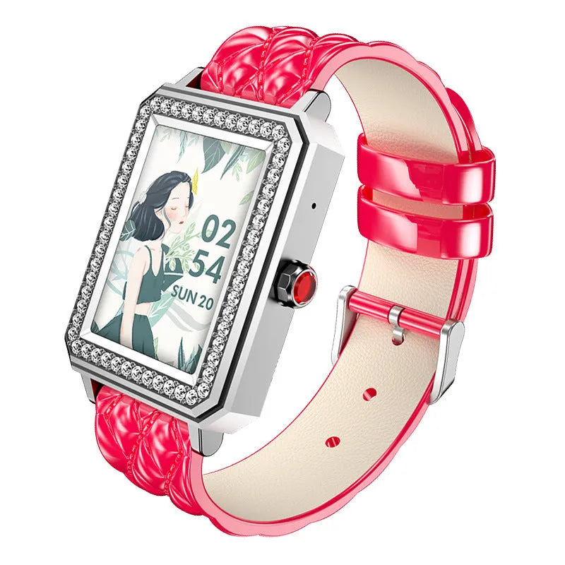Women's smart bracelet with leather strap showing 1.65-inch HD screen displaying health data.